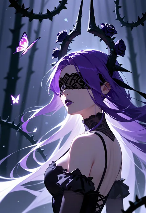 score_9,score_8_up,score_7_up,source_anime,year 2023,1girl,solo,red black and purple theme,strong picture,dark,upper body,side_face,sad,parted_lips,looking back,floating purple hair,black dress,bare shoulders,{{{delicate and beautiful eye}}},gothic,black rose,thistles and thorns,flora,fog,red butterfly,underlighting,bokeh,blurry background,strong visual impact,film lighting,from side,SyndraWR, 1girl, solo, black halo, purple long hair, blindfold, purple lips,
