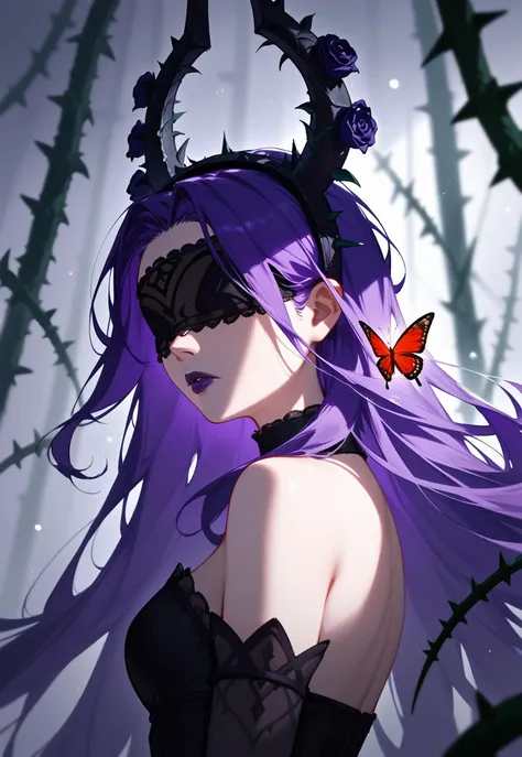 score_9,score_8_up,score_7_up,source_anime,year 2023,1girl,solo,red black and purple theme,strong picture,dark,upper body,side_face,sad,parted_lips,looking back,floating purple hair,black dress,bare shoulders,{{{delicate and beautiful eye}}},gothic,black rose,thistles and thorns,flora,fog,red butterfly,underlighting,bokeh,blurry background,strong visual impact,film lighting,from side,SyndraWR, 1girl, solo, black halo, purple long hair, blindfold, purple lips,