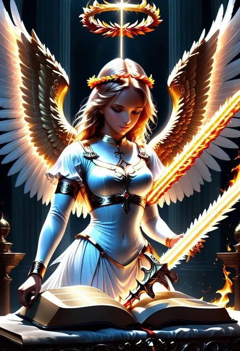 ultra realistic image with high resolution and stable focus correct and accurate anatomy, perfect detail of neon divine angel, sense of divinity, beauty, humility, wings, halo, flaming sword, laurel wreath, bible, gospel