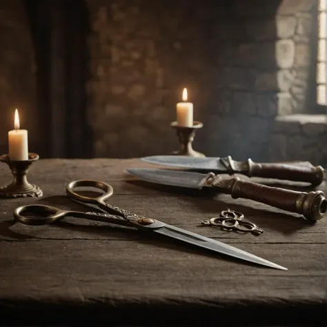 cinematic still item,medival,<lora:DonM1uth3rXL:0.4>,middle ages,<lora:Medieval_Memories:0.7>,((solid background)),scissors, . emotional, harmonious, vignette, highly detailed, high budget, bokeh, cinemascope, moody, epic, gorgeous, film grain, grainy