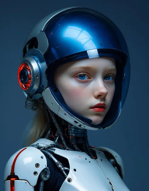 Minimalist painting of an albino teen cyborg girl by Albert Lynch, Abbott Handerson Thayer, highly detail, best quality, sci-fi, mechanical joints, tight chrome bodysuit, dark blue outline, dynamic pose, dark blue outline, glow, exposed skeleton, futuristic helmet, visor glass, innocent, serene, white skin, pale skin, blue eyes, long flowing red hair, ultra detailed, romantic, Rembrandt lighting, brush strokes