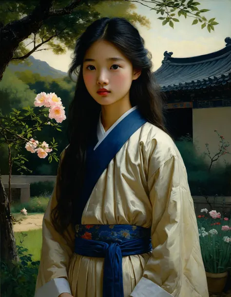 Minimalist painting of an teen Korean princess wearing a hanbok by Albert Lynch, Abbott Handerson Thayer, highly detail, best quality, standing in an garden, innocent, serene, pale skin, brown eyes, long flowing black hair, ultra detailed, romantic, Rembrandt lighting