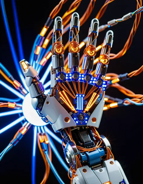 (Robotic hand extending forward:1.3), Symmetrical composition, Intricate metal parts, Glowing blue and orange lights, (Visible circuits and wires:1.3), Bright energy flowing through joints, (Human hand reaching forward:1.2), Warm skin tones, Natural texture, Slightly bent fingers, (Glowing white light:1.3), Radiating from center, Circular aura dividing scene, Blue and violet circuitry patterns, (Orange and golden energy streaks:1.3), Sharp contrast, Left side cool electric tones, Right side warm organic light, Strong visual tension, Juxtaposition of human and machine.Masterpiece,best quality,hi res,8k,hi res,8k,award winning,(sharp focus, intricate, highly detailed),