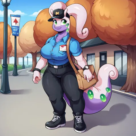Score_9, score_8_up, score_7_up, score_6_up, score_5_up, score_4_up, cowboy shot, street corner backdrop, outdoors, autumn, city,
BREAK, female, goodra, anthro, wide hips,
BREAK, postal worker uniform, (blue shirt, black pants, laced shoes, postman hat), wristwatch, courier bag,
BREAK, waiting at crosswalk, busy, in a rush,
BREAK, <lora:Uenomigi-v1-PDXL:0.25> <lora:PicturdLycoXL:0.25>, <lora:AgonWolfe:0.50>