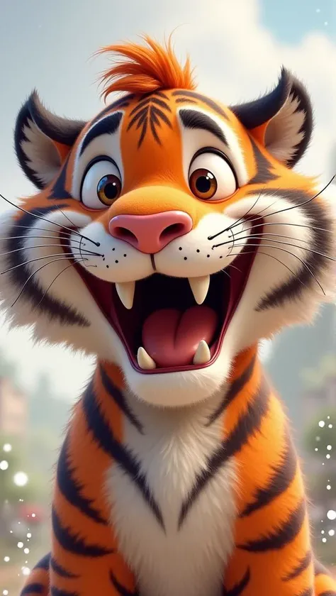 A highly detailed, splash and choatic digital painting of a cartoon tiger with a wide, joyful smile spread across his face, his large teeth visible and his eyes twinkling with playful energy. His fur is richly textured, with soft orange and black stripes blending seamlessly into his white underbelly. A single white spot rests in the middle of his chest, adding a distinctive touch to his design. The background is wet and shiny, with glistening water droplets visible on the surfaces behind him, giving the scene a fresh and vibrant atmosphere. The wet surface reflects soft light, creating a subtle sheen that enhances the realism while maintaining the cartoonish charm. The overall style is a fusion of highly detailed furry art with photorealistic textures, making the tiger pop against the glistening background. The mood is playful, energetic, and slightly surreal, balancing cartoonish joy with intricate detail.