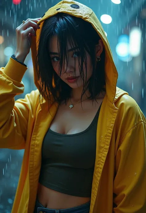 Extreme realistic depiction of a Wet Beauty Under Night Rain, in upper body shot, curvaceous glamorous body, inverted bob hair, hair over one eye, extremely wet, realistic wet skin texture, realistic wet clothing heavy rain, realistic fabric texture, casual shirt and a pikachu hooded jacket, crop top, adjusting her wet hair, head tilted slightly down.
Show a few wet hair flyaways around her face, catching the light and adding a natural, slightly messy look.detailed iris patterns in her eyes, with subtle color variations and a bright highlight,
Leaning forward slightly with one hand extended outwards, palm open, looking straight ahead.
One hand resting lightly on her chest, the other holding her hood, looking down with a soft smile.