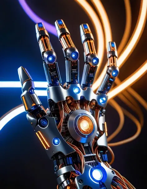 (Robotic hand extending forward:1.3), Symmetrical composition, Intricate metal parts, Glowing blue and orange lights, (Visible circuits and wires:1.3), Bright energy flowing through joints, (Human hand reaching forward:1.2), Warm skin tones, Natural texture, Slightly bent fingers, (Glowing white light:1.3), Radiating from center, Circular aura dividing scene, Blue and violet circuitry patterns, (Orange and golden energy streaks:1.3), Sharp contrast, Left side cool electric tones, Right side warm organic light, Strong visual tension, Juxtaposition of human and machine.Masterpiece,best quality,hi res,8k,hi res,8k,award winning,(sharp focus, intricate, highly detailed),
