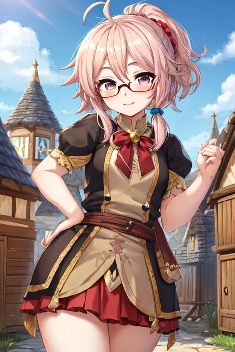 best quality,best quality, best masterpiece,
ahoge,,forehead.
girls..megane.
petite.
scrunchie..
fantasy
village