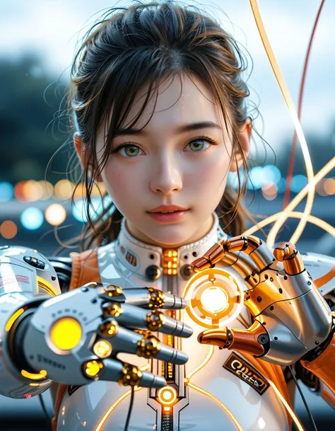 (Robotic hand extending forward:1.3), Symmetrical composition, Intricate metal parts, Glowing blue and orange lights, (Visible circuits and wires:1.3), Bright energy flowing through joints, (Human hand reaching forward:1.2), Warm skin tones, Natural texture, Slightly bent fingers, (Glowing white light:1.3), Radiating from center, Circular aura dividing scene, Blue and violet circuitry patterns, (Orange and golden energy streaks:1.3), Sharp contrast, Left side cool electric tones, Right side warm organic light, Strong visual tension, Juxtaposition of human and machine.Masterpiece,best quality,hi res,8k,hi res,8k,award winning,(sharp focus, intricate, highly detailed),
