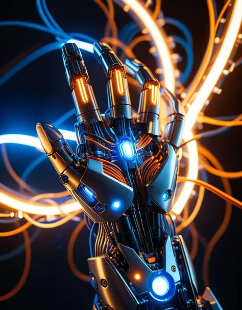 (Robotic hand extending forward:1.3), Symmetrical composition, Intricate metal parts, Glowing blue and orange lights, (Visible circuits and wires:1.3), Bright energy flowing through joints, (Human hand reaching forward:1.2), Warm skin tones, Natural texture, Slightly bent fingers, (Glowing white light:1.3), Radiating from center, Circular aura dividing scene, Blue and violet circuitry patterns, (Orange and golden energy streaks:1.3), Sharp contrast, Left side cool electric tones, Right side warm organic light, Strong visual tension, Juxtaposition of human and machine.Masterpiece,best quality,hi res,8k,hi res,8k,award winning,(sharp focus, intricate, highly detailed),