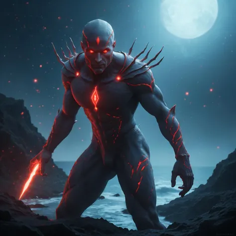 (This remarkable realistic photograph:1.2) presents a dark figure with a glowing red light on it and a glowing red hand.,solo,looking at viewer,red eyes,1man,standing,full body,artist name,signature,no humans,glowing,glowing eyes,silhouette,dark , conceptual art 2d, digital drawing. The photo presents an eerie scene featuring a solitary silhouetted humanoid form standing amidst deep blue water that fills up almost half of the frame from left side towards center-right direction. This central character has striking red eyes which glow brightly against their otherwise black outline. Their right arm extends outwards into space while holding onto something unseen; only its open palm can be seen illuminated by another smaller red light source located near chest area. A notable detail about this mysterious entity's appearance includes two prominent white dots representing what could either be ears or perhaps some other feature unique to them within this composition.