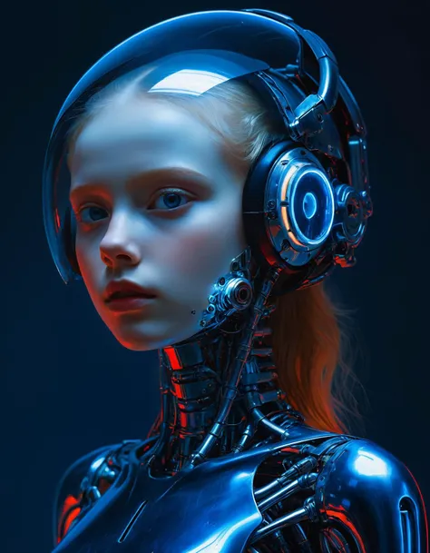 Minimalist painting of an albino teen cyborg girl by Albert Lynch, Abbott Handerson Thayer, highly detail, best quality, sci-fi, mechanical joints, tight chrome bodysuit, dark blue outline, dynamic pose, dark blue outline, glow, exposed skeleton, futuristic helmet, visor glass, innocent, serene, white skin, pale skin, blue eyes, long flowing red hair, ultra detailed, romantic, Rembrandt lighting, brush strokes