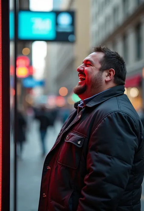 A photograph of a hefty man laughing at a digital sign in the city