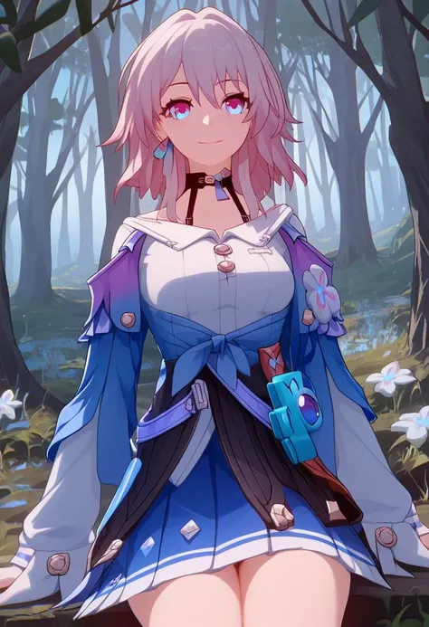 score_9, score_8_up, score_7_up, rating_explicit, uncensored, ultra detailed, masterpiece, highres, absurdres, forest, tree,
march7th, choker, long sleeves, earrings, blue jacket, skirt, , , , lounging, , , ,blue eyes, purple eyes, gradient eyes , medium breasts, , EyesHD, smile , upper torso
,pink hair, looking at viewer