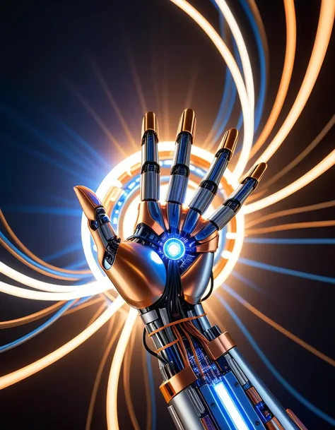 (Robotic hand extending forward:1.3), Symmetrical composition, Intricate metal parts, Glowing blue and orange lights, (Visible circuits and wires:1.3), Bright energy flowing through joints, (Human hand reaching forward:1.2), Warm skin tones, Natural texture, Slightly bent fingers, (Glowing white light:1.3), Radiating from center, Circular aura dividing scene, Blue and violet circuitry patterns, (Orange and golden energy streaks:1.3), Sharp contrast, Left side cool electric tones, Right side warm organic light, Strong visual tension, Juxtaposition of human and machine.Masterpiece,best quality,hi res,8k,hi res,8k,award winning,(sharp focus, intricate, highly detailed),