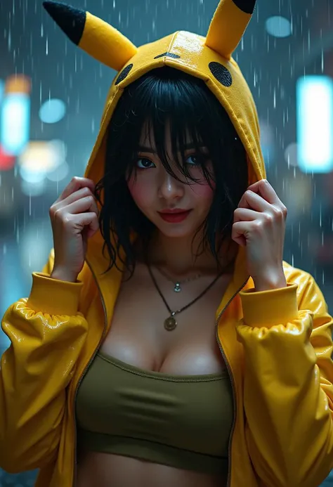 Extreme realistic depiction of a Wet Beauty Under Night Rain, in upper body shot, curvaceous glamorous body, inverted bob hair, hair over one eye, extremely wet, realistic wet skin texture, realistic wet clothing heavy rain, realistic fabric texture, casual shirt and a pikachu hooded jacket, crop top, adjusting her wet hair, head tilted slightly down.
Show a few wet hair flyaways around her face, catching the light and adding a natural, slightly messy look.detailed iris patterns in her eyes, with subtle color variations and a bright highlight,
Leaning forward slightly with one hand extended outwards, palm open, looking straight ahead.
One hand resting lightly on her chest, the other holding her hood, looking down with a soft smile.