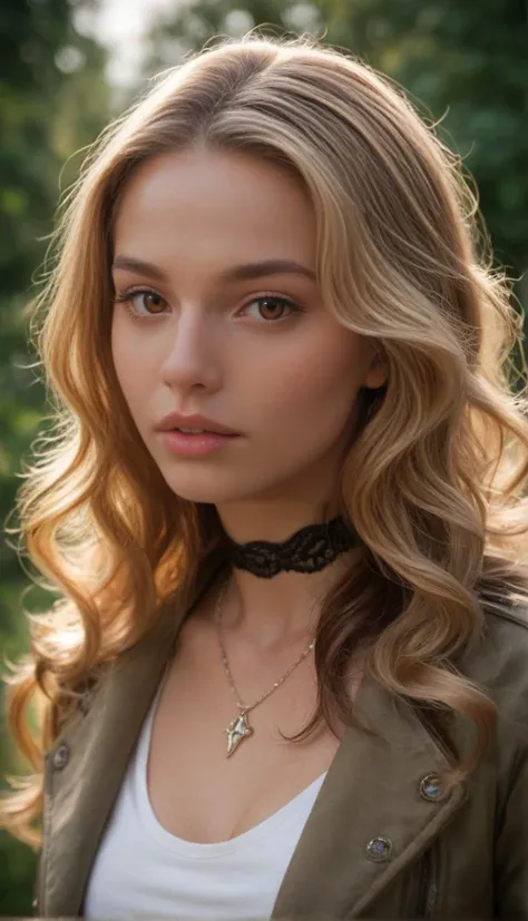 Stable_Yogis_PDXL_Positives , score_9, score_8_up, score_7_up, score_6_up,
sensitive, 1girl, solo, long hair, breasts, looking at viewer, blonde hair, brown hair, jewelry, brown eyes, jacket, upper body, parted lips, choker, necklace, lips, wavy hair, portrait, realistic
