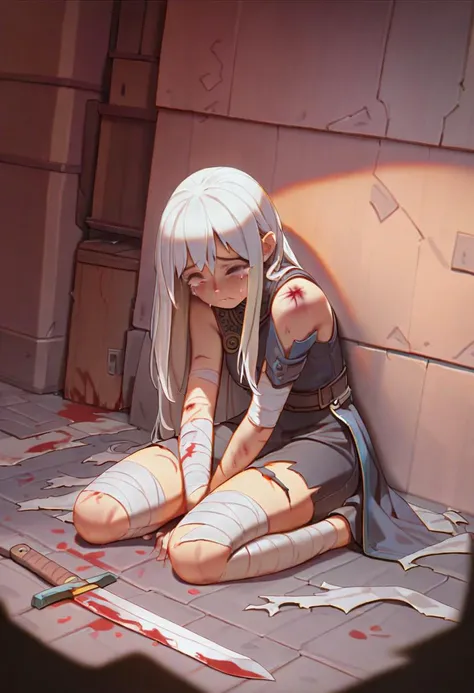 score_9, score_8_up, score_7_up, score_6_up, 1girl, long hair, white hair, sad, tears, on floor, sit, fetal position, injury, blood, bandages, torn clothes, alley, gray brick wall, sword on floor, broken sword
