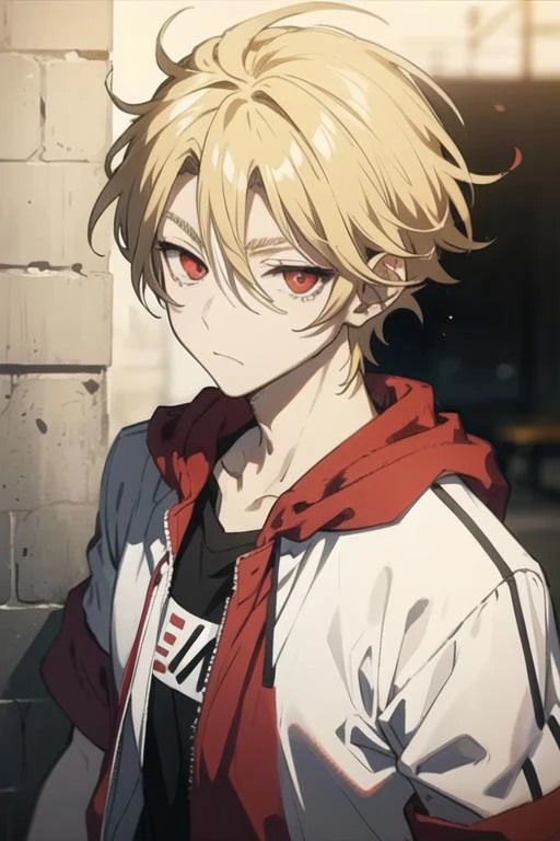 masterpiece, best quality, high quality, 1boy, solo, male focus, looking at viewer, upper body, <lora:king_of_despair:0.56>, king_of_despair, red eyes, blonde hair, hair between eyes, , sportswear