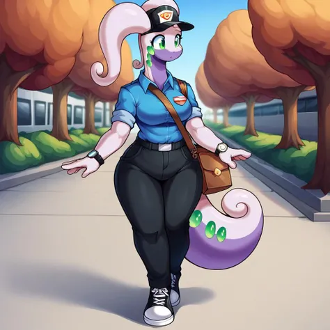 Score_9, score_8_up, score_7_up, score_6_up, score_5_up, score_4_up, cowboy shot, street corner backdrop, outdoors, autumn, city,
BREAK, female, goodra, anthro, wide hips,
BREAK, postal worker uniform, (blue shirt, black pants, laced shoes, postman hat), wristwatch, courier bag,
BREAK, waiting at crosswalk, busy, in a rush,
BREAK, <lora:Uenomigi-v1-PDXL:0.25> <lora:PicturdLycoXL:0.25>, <lora:AgonWolfe:0.50>