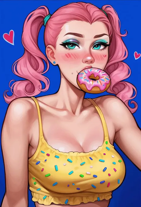 score_9, score_8_up, score_7_up, masterpiece, best quality, ponyxl_aromasensei_ownwaifu, BREAK 1girl, mature, skinny, natural medium breasts, blue eyes, pink candy hair, two pigtails with a wavy green elastic band, makeup, green eye shadow, black long eyes arrows, blush, yellow short top with a pattern of hearts, blue manicure with pink hearts, eating a donut, holding a donut, BREAK medium shot, blue background
