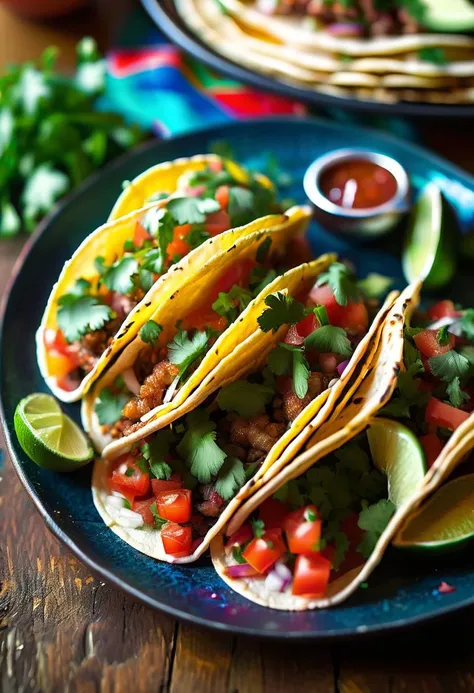 vibrant, colorful plate of (delicious tacos:1.3) with (fresh ingredients:1.2), (salsa:1.1), (avocado:1.2), and (cilantro:1.1), street food setting, (warm sunlight:1.2), inviting atmosphere, by (David Loftus:1.4), food photography, rich textures, high detail, appetizing presentation, trending on Instagram.
