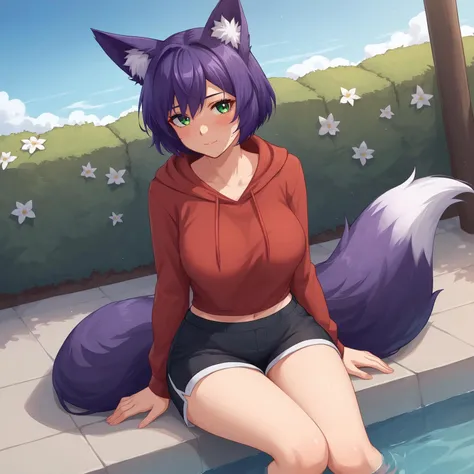 Female_cat, ((light_lavender_fur)), ((white_belly_fur)), ((dark_purple_bob_cut_hairstyle)), ((short_bangs)), ((ponytail)), ((pink_eyes)), ((dark_purple_cat_tail)), ((skinny_body)), ((small_breasts)), ((strapless bathing suit)), ((cleavage))