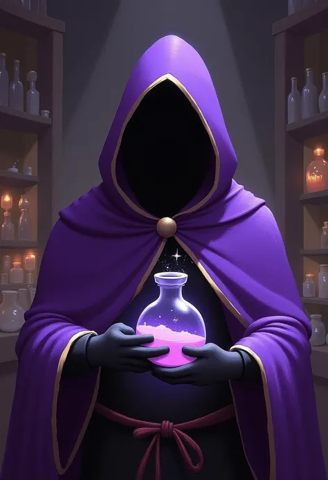 A hooded potion seller wearing a purple robe with ornate gold trim, holds his cloak to the side revealing his goods. He is selling powerful glowing potions. The background is a dimly lit potion boutique. High fantasy illustration. Disgusting.