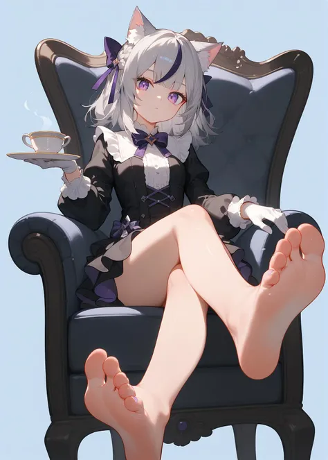 score_9,score_8_up,score_7_up,ncaaoo33,1girl,feet focus,feet,barefoot,toes,foreshortening,solo,cat ears,sitting,cup,teacup,purple eyes,gloves,spread toes,grey hair,toenails,holding cup,bow,animal ear fluff,streaked hair,cat girl,simple background,chair,bangs,bare legs,looking at viewer,multicolored hair,black dress,sidelocks,legs,shiny,bowtie,grey background,french braid,blue background,white gloves,hair bow,long sleeves,two feet,