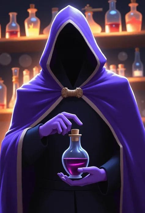 A hooded potion seller wearing a purple robe with ornate gold trim, holds his cloak to the side revealing his goods. He is selling powerful glowing potions. The background is a dimly lit potion boutique. High fantasy illustration. Disgusting.
