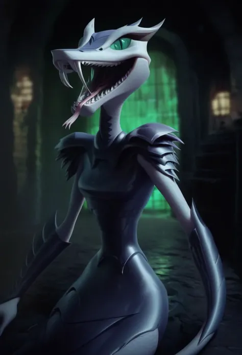 Score_9_up, score_8_up, score_7_up, score_6_up, 1girl, solo, serpent_Karai, anthro snake, teeth, sharp teeth, tail, armor, tongue, green eyes, colored sclera, smile,, in a sewer, (realistic), (painted art)