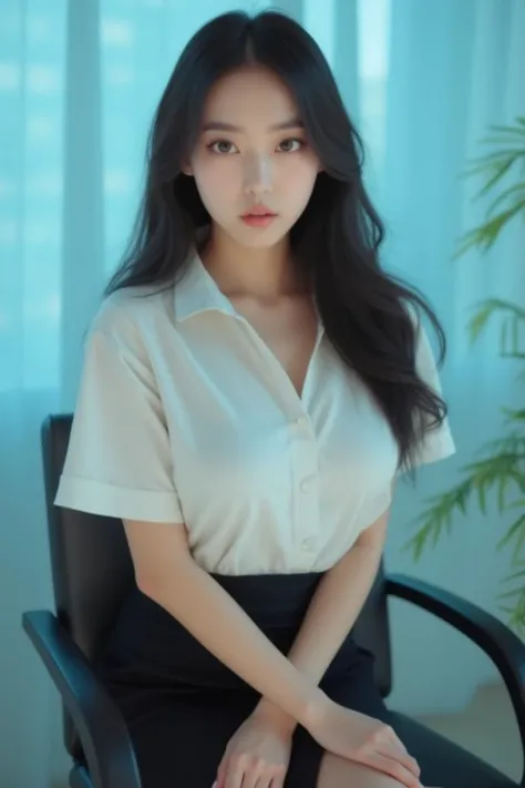 yearbook photo of a  with long wavy black hair, with plain background, bust shot