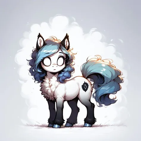 rating_questionable, score_9, score_8_up, score_7_up, pony, feral, blank eyes, dontstarvestyle, muted colors, detailed, realistic, BREAK, zPDXL3, MegaFluffyPony, fluffy, shiny