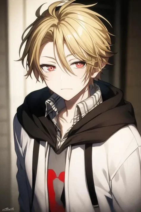 masterpiece, best quality, high quality, 1boy, solo, male focus, looking at viewer, upper body, <lora:king_of_despair:0.78>, king_of_despair, red eyes, blonde hair, hair between eyes, , hoodie