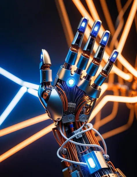 (Robotic hand extending forward:1.3), Symmetrical composition, Intricate metal parts, Glowing blue and orange lights, (Visible circuits and wires:1.3), Bright energy flowing through joints, (Human hand reaching forward:1.2), Warm skin tones, Natural texture, Slightly bent fingers, (Glowing white light:1.3), Radiating from center, Circular aura dividing scene, Blue and violet circuitry patterns, (Orange and golden energy streaks:1.3), Sharp contrast, Left side cool electric tones, Right side warm organic light, Strong visual tension, Juxtaposition of human and machine.Masterpiece,best quality,hi res,8k,hi res,8k,award winning,(sharp focus, intricate, highly detailed),
