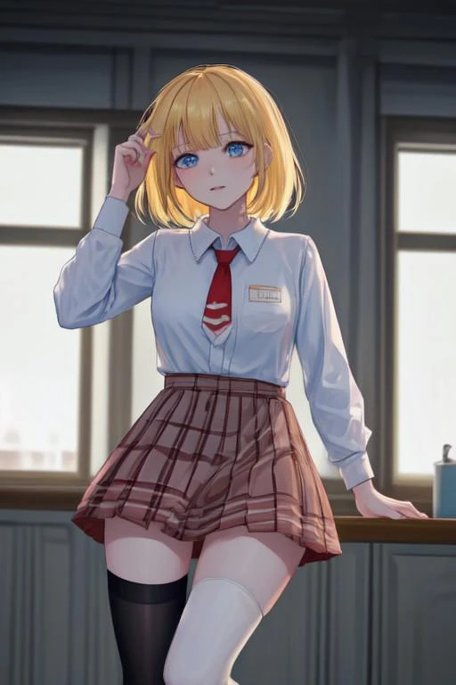 amelia_detective, collared shirt, red necktie, plaid skirt, thighhighs