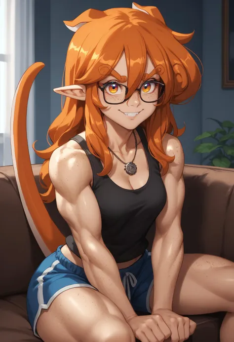 score_9, score_8_up, score_7_up, 1girl, 1girl, wonhan, freckles, multicolored eyes, pointy ears, animal ears, lizard tail, orange hair, long hair, hair between eyes, medium breasts, muscular female, 
glasses, tank top, cleavage, necklace, sleeveless, shorts,
looking at viewer, smile, sitting, on couch
indoors,
<lora:WonhanPDXL_V1-Manityro-CAME:1.0>,