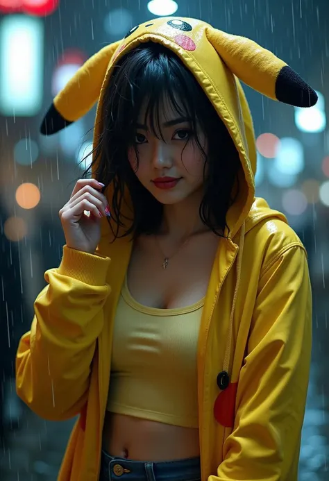 Extreme realistic depiction of a Wet Beauty Under Night Rain, in upper body shot, curvaceous glamorous body, inverted bob hair, hair over one eye, extremely wet, realistic wet skin texture, realistic wet clothing heavy rain, realistic fabric texture, casual shirt and a pikachu hooded jacket, crop top, adjusting her wet hair, head tilted slightly down.
Show a few wet hair flyaways around her face, catching the light and adding a natural, slightly messy look.detailed iris patterns in her eyes, with subtle color variations and a bright highlight,
Leaning forward slightly with one hand extended outwards, palm open, looking straight ahead.
One hand resting lightly on her chest, the other holding her hood, looking down with a soft smile.
