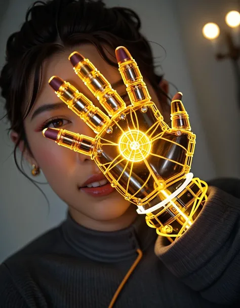 (Robotic hand extending forward:1.3), Symmetrical composition, Intricate metal parts, Glowing blue and orange lights, (Visible circuits and wires:1.3), Bright energy flowing through joints, (Human hand reaching forward:1.2), Warm skin tones, Natural texture, Slightly bent fingers, (Glowing white light:1.3), Radiating from center, Circular aura dividing scene, Blue and violet circuitry patterns, (Orange and golden energy streaks:1.3), Sharp contrast, Left side cool electric tones, Right side warm organic light, Strong visual tension, Juxtaposition of human and machine.Masterpiece,best quality,hi res,8k,hi res,8k,award winning,(sharp focus, intricate, highly detailed),