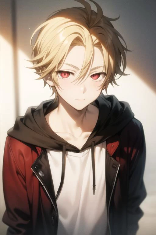 masterpiece, best quality, high quality, 1boy, solo, male focus, looking at viewer, upper body, <lora:king_of_despair:0.58>, king_of_despair, red eyes, blonde hair, hair between eyes, , hoodie