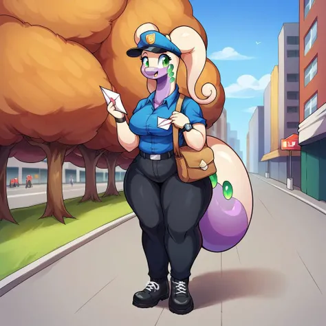 Score_9, score_8_up, score_7_up, score_6_up, score_5_up, score_4_up, cowboy shot, street corner backdrop, outdoors, autumn, city,
BREAK, female, goodra, anthro, wide hips,
BREAK, postal worker uniform, (blue shirt, black pants, laced shoes, postman hat), wristwatch, courier bag,
BREAK, waiting at crosswalk, busy, in a rush,
BREAK, <lora:Uenomigi-v1-PDXL:0.25> <lora:PicturdLycoXL:0.25>, <lora:AgonWolfe:0.50>