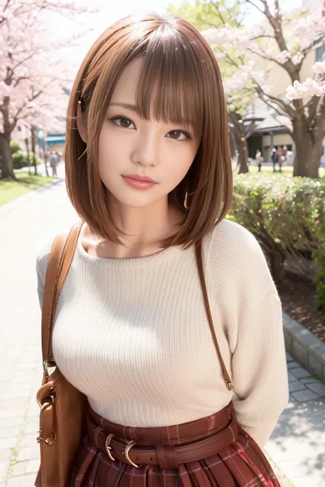 1girl, coat, hood, jacket, duffle coat, lips, lipstick, plaid, plaid_skirt, realistic, skirt, solo, standing, best quality, photorealistic, masterpiece, 8k, high res, solo, (((woman))), (medium breast), ((looking at the viewer)), (looking at the camera), (short hair), (professional lighting, bokeh),top angle view, extremely detailed face, fashionable and trendy atmosphere, japan, street, park, sakura, ((daytime)), (portrait:0.6), seductive smile, gorgeous, floating hair, (light particles, lens flare, glowing particles:0.6), (dynamic pose:1.2), soft lighting, brown hair, full body, narrow face, <lora:AV_Suzumura:0.8>