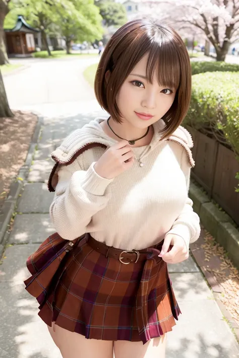 1girl, coat, hood, jacket, duffle coat, lips, lipstick, plaid, plaid_skirt, realistic, skirt, solo, standing, best quality, photorealistic, masterpiece, 8k, high res, solo, (((woman))), (medium breast), ((looking at the viewer)), (looking at the camera), (short hair), (professional lighting, bokeh),top angle view, extremely detailed face, fashionable and trendy atmosphere, japan, street, park, sakura, ((daytime)), (portrait:0.6), seductive smile, gorgeous, floating hair, (light particles, lens flare, glowing particles:0.6), (dynamic pose:1.2), soft lighting, brown hair, full body, narrow face, <lora:AV_Suzumura:0.8>