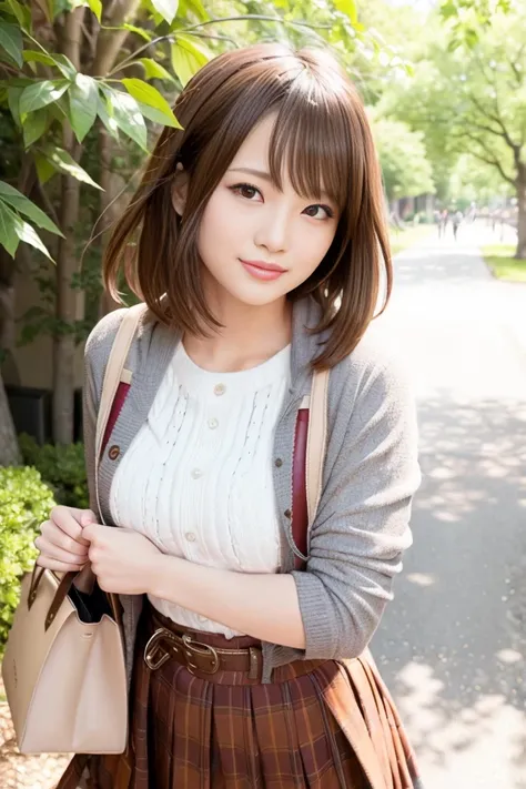 1girl, coat, hood, jacket, duffle coat, lips, lipstick, plaid, plaid_skirt, realistic, skirt, solo, standing, best quality, photorealistic, masterpiece, 8k, high res, solo, (((woman))), (medium breast), ((looking at the viewer)), (looking at the camera), (short hair), (professional lighting, bokeh),top angle view, extremely detailed face, fashionable and trendy atmosphere, japan, street, park, sakura, ((daytime)), (portrait:0.6), seductive smile, gorgeous, floating hair, (light particles, lens flare, glowing particles:0.6), (dynamic pose:1.2), soft lighting, brown hair, full body, narrow face, smile, suzumura, japanese<lora:AV_Suzumura:0.8>