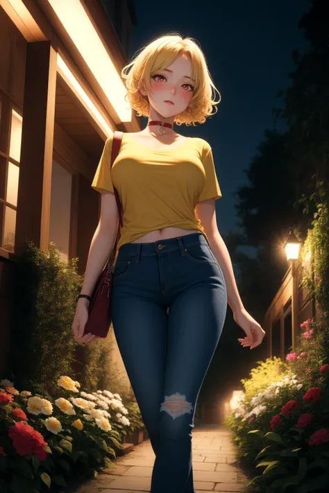 (masterpiece, best quality:1.2), 1girl, short curly blonde hair, glowing red eyes, large breasts, choker, jeans, yellow shirt, garden, blush, from below, night, lights