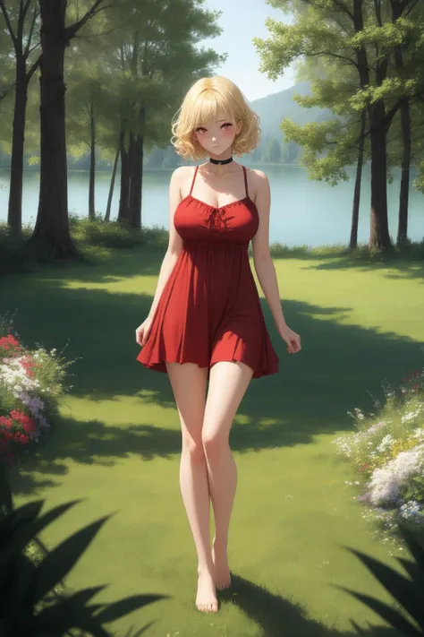 (masterpiece, best quality:1.2), 1girl, short curly blonde hair, glowing red eyes, large breasts, choker, sundress, full body, timid, shy, blush, grass, trees, flowers, sunlight, lake