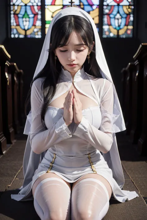 ultra high res, masterpiece, best quality, depth of field, blurry background,
1girl, yutu, hair ornament, long hair, hair between eyes, large breasts, (nun clothes:0.8), black pantyhose, see-through, cleavage cutout, closed eyes, earrings, (praying:1.5), hands together,
indoors, church, colored window, bench, sunlight, sitting, <lora:yutu_20230602094620:0.6>