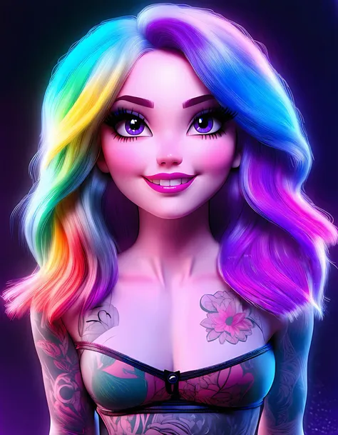 (best quality, highres)women, short crop top, rainbow hair, purple eyes, cute smile, full body tattoo, beautiful detailed eyes, beautiful detailed lips, extremely detailed eyes and face, long eyelashes, vivid colors, physically-based rendering, studio lighting, portraits