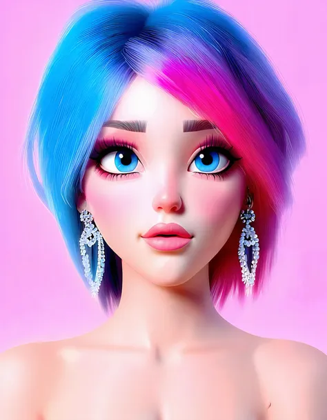 1girl, looking at viewer, short hair, blue eyes, simple background, closed mouth, jewelry, blue hair, pink hair, multicolored hair, earrings, eyelashes, lips, makeup, pink background, portrait, nose, realistic