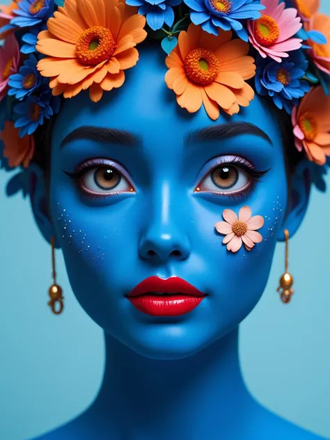 A woman's face is covered in blue paint. There are flowers on top of the woman's head. The flowers are orange and blue. The woman has red lipstick on her lips. 